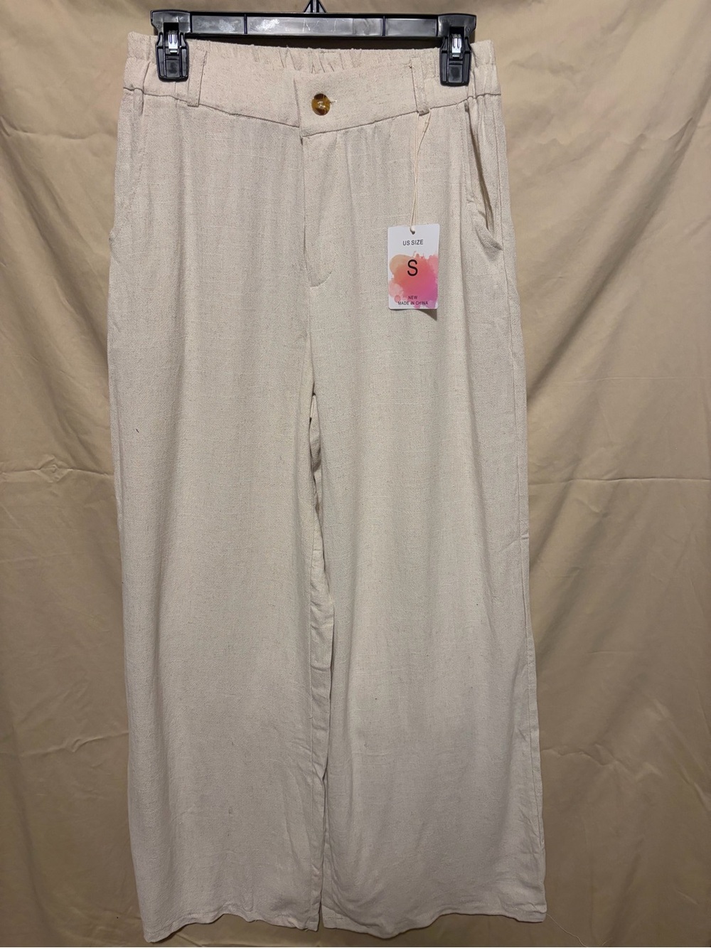 Source Unknown Cream Wide-Leg Linen Women's Pants with Button Waist